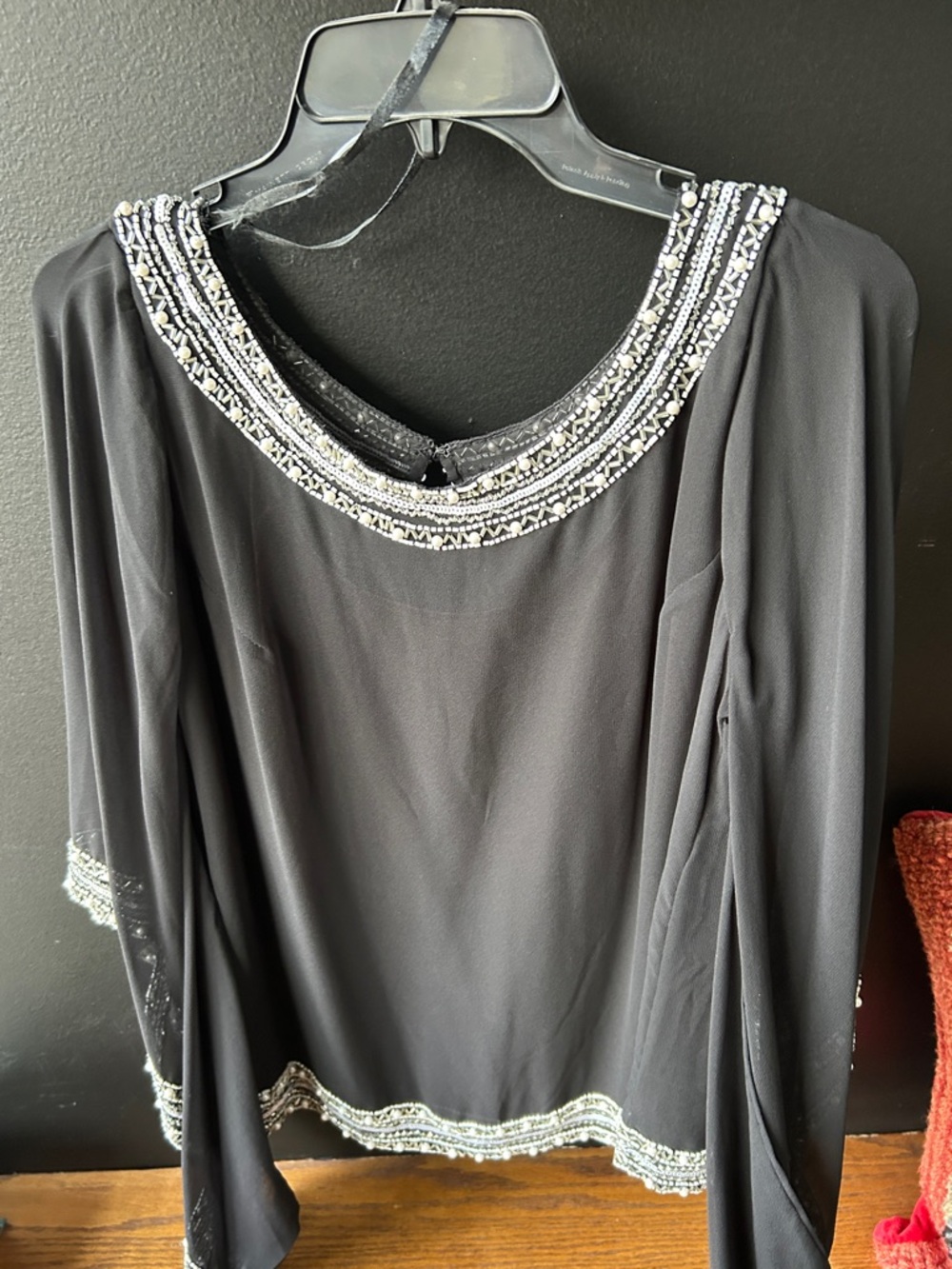 J Kara Black Beaded Neckline and Hem Evening Blouse